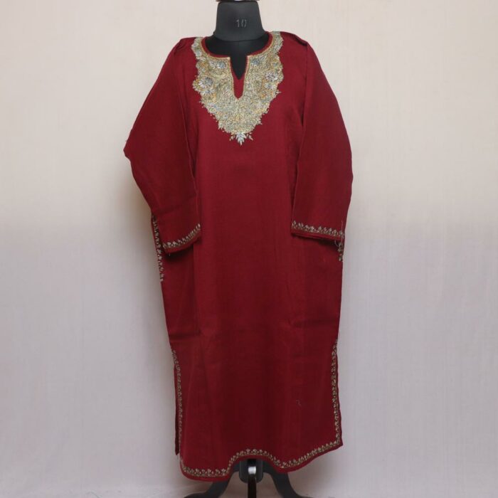 Maroon Pure Wool Kashmiri Sozni Handwork Pheran