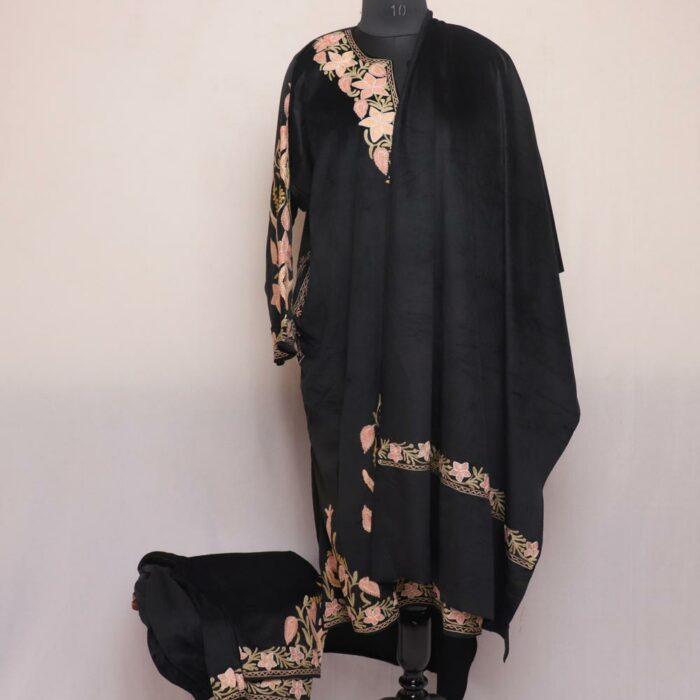 Black 3Pc Pheran Velvet Set with Aari Embroidery - Image 5