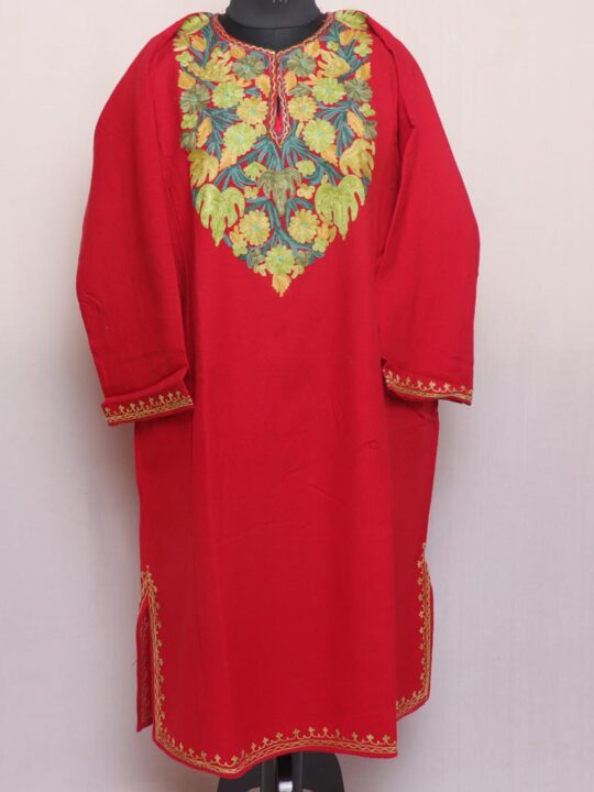 Red Chinar Kashmiri Pheran with Aari Embroidery