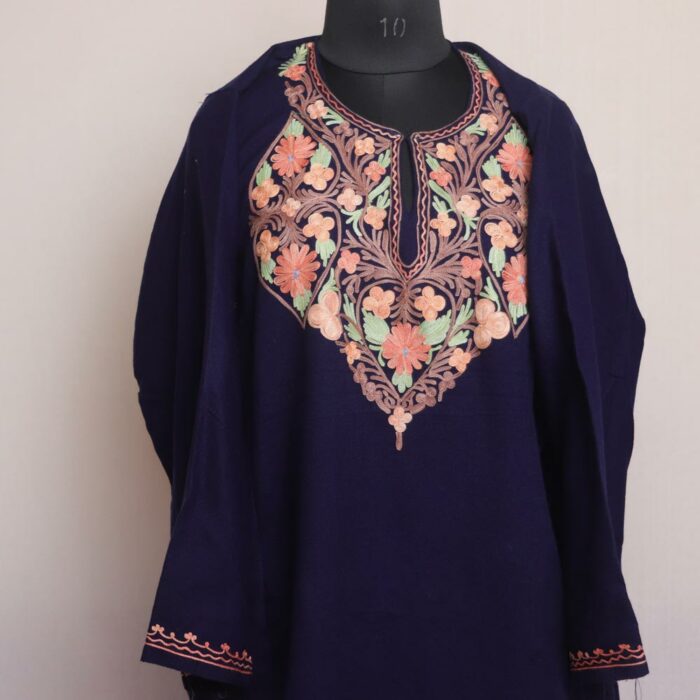 Dark Blue Hared Cashmilon Winter Aari Pheran - Image 2