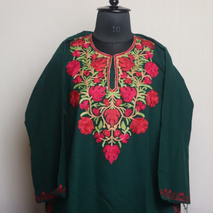 Dark Green Kashmiri Pheran With Aari Work - Image 2