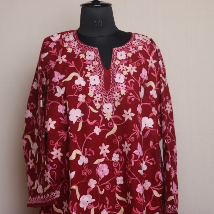 Maroon Kashmiri Aari Jama Pheran - Image 2