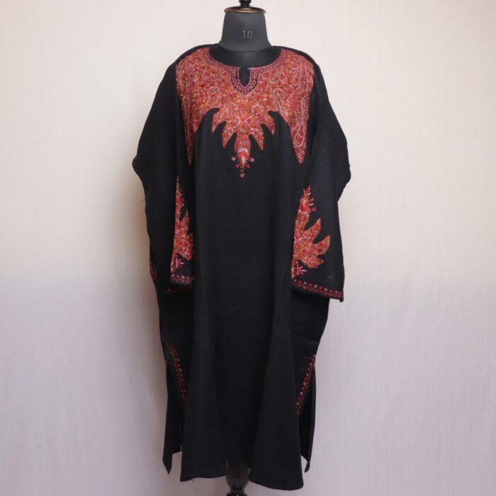 Black Chinari Pure Wool Kashmiri Sozni Handwork Designer Pheran