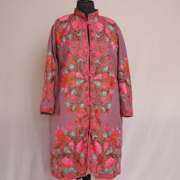 Lavendar Pink Flower Aari Cashmilon Kashmiri Jacket