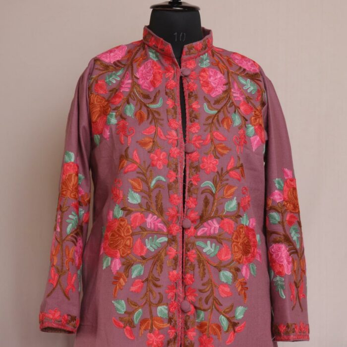 Lavendar Pink Flower Aari Cashmilon Kashmiri Jacket - Image 2