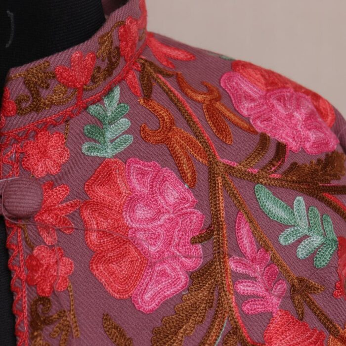 Lavendar Pink Flower Aari Cashmilon Kashmiri Jacket - Image 3
