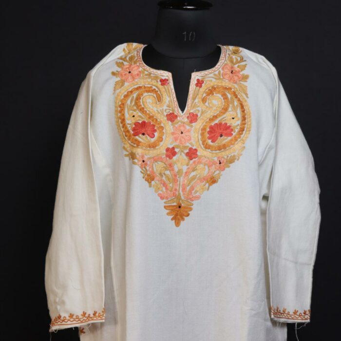 Snow Queen Elegance: White Kashmiri Pheran with Aari Embroidery - Image 2