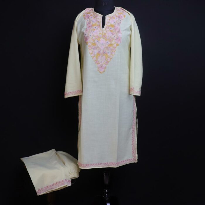 Light Yellow Ruby Cotton Aari Kashmiri Co-ord Set