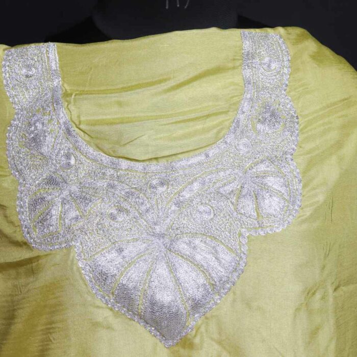 Lime & White Silk 3pc Kashmiri Suit with Tilla Work - Image 2