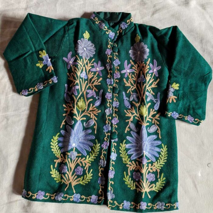 Green Gulmarg Kashmiri Kids Coat With Ari Work (L 17.5)