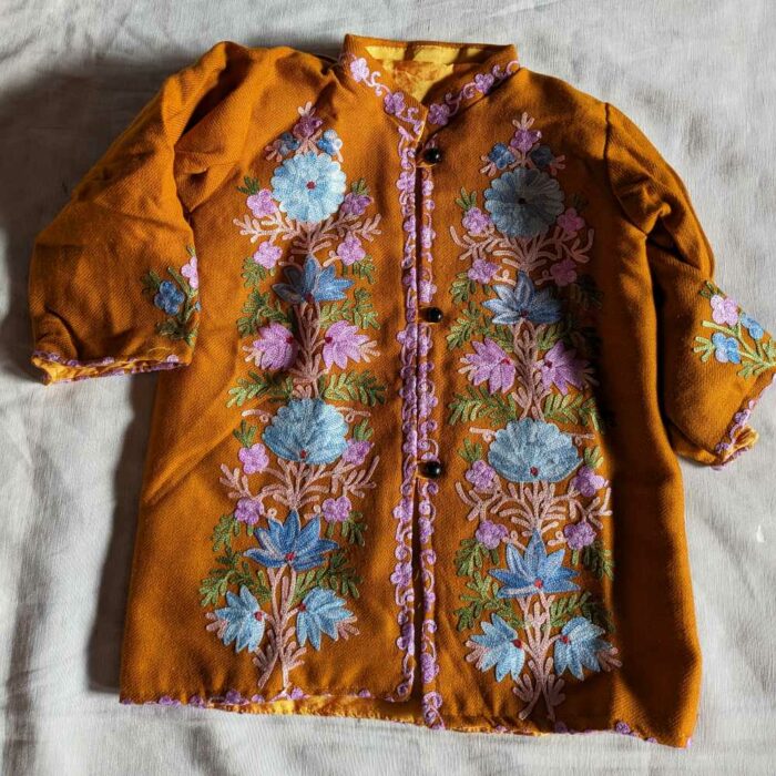 Mustard Wular Kashmiri Kids Coat With Ari Work (L 17.5)