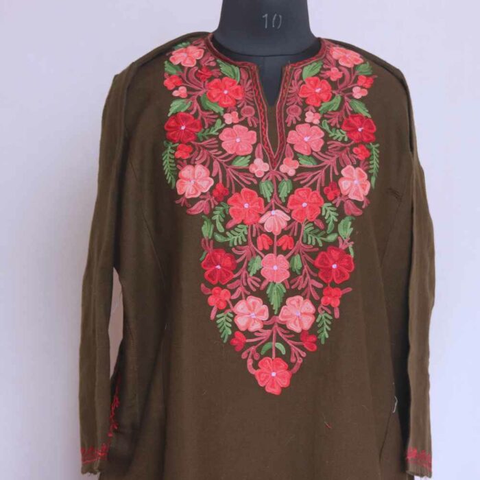 Olive Green Cashmilon Kashmiri Phiran Co-ord Set - Image 2