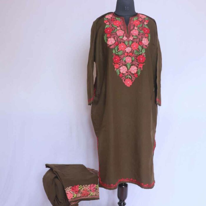 Olive Green Cashmilon Kashmiri Phiran Co-ord Set
