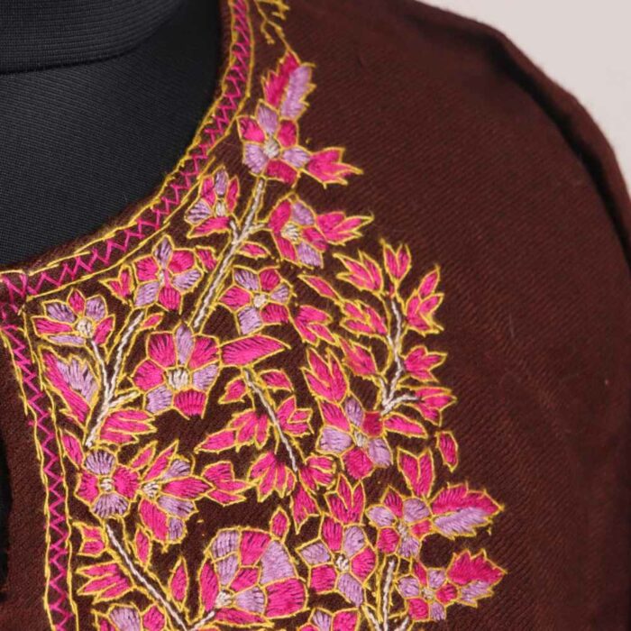 Brown Pure Wool Kashmiri Sozni Paper Mache Designer Pheran - Image 3