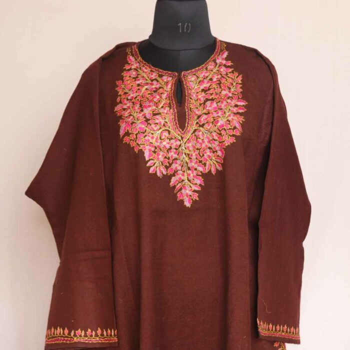 Brown Pure Wool Kashmiri Sozni Paper Mache Designer Pheran - Image 2