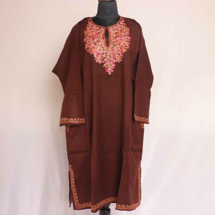 Brown Pure Wool Kashmiri Sozni Paper Mache Designer Pheran