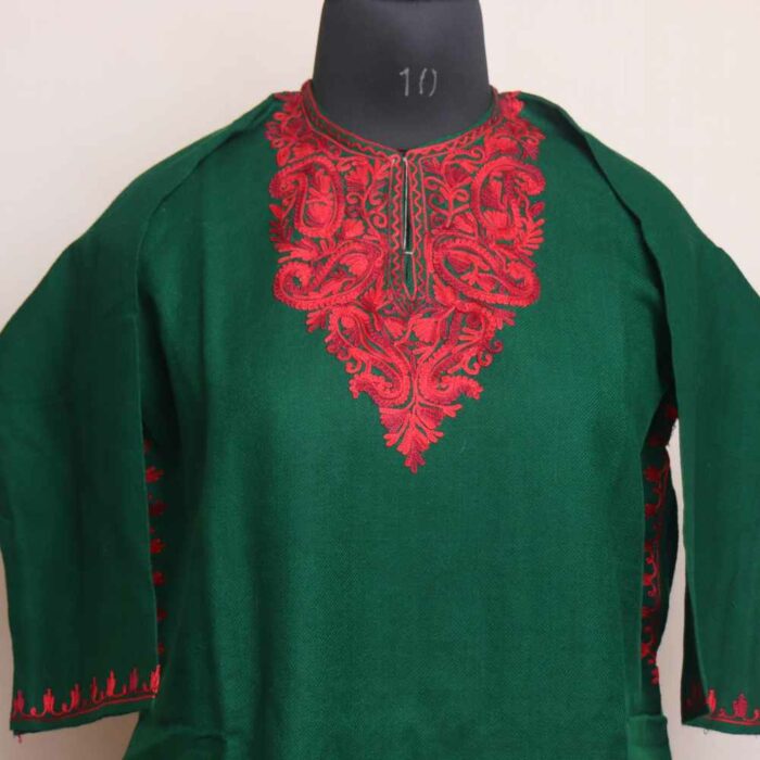 Green Vozul Kashmiri Girls Pheran/Short Kurta With Aari Embroidery(L35) - Image 2