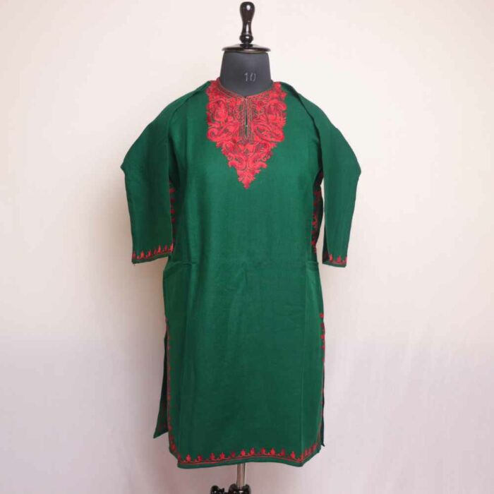 Green Vozul Kashmiri Girls Pheran/Short Kurta With Aari Embroidery(L35)