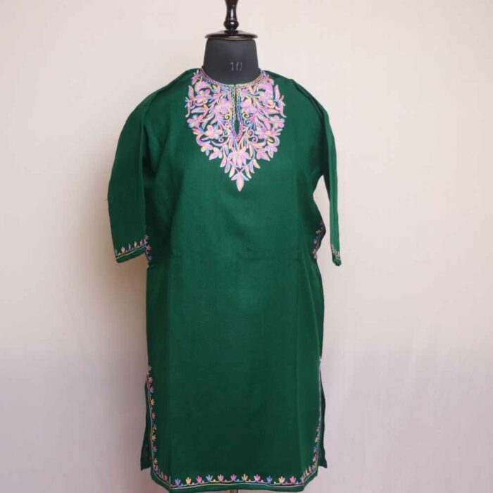 Green Gulabi Posh Kashmiri Girls Pheran/Short Kurta With Aari Embroidery (L36)
