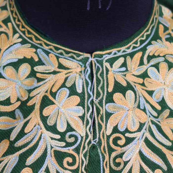 Green Sange-marmar Kashmiri Girls Pheran/Short KurtaWith Aari Embroidery (L36) - Image 3