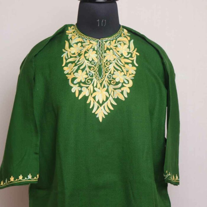 Green Sange-marmar Kashmiri Girls Pheran/Short KurtaWith Aari Embroidery (L36) - Image 2