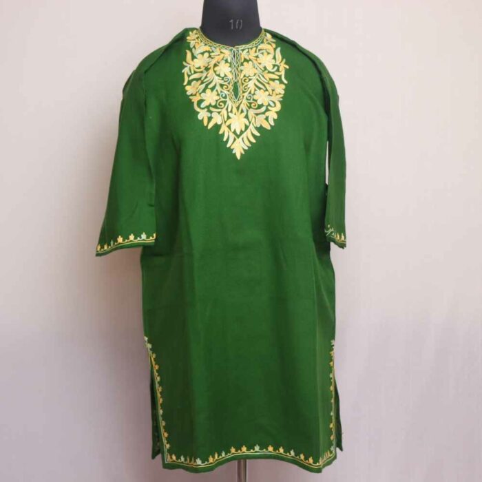 Green Sange-marmar Kashmiri Girls Pheran/Short KurtaWith Aari Embroidery (L36)