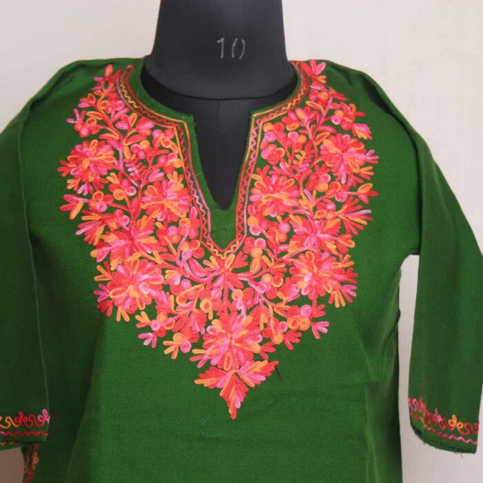 Green Vuzmal Kashmiri Girls Pheran/Short Kurta With Aari Embroidery (L27) - Image 2
