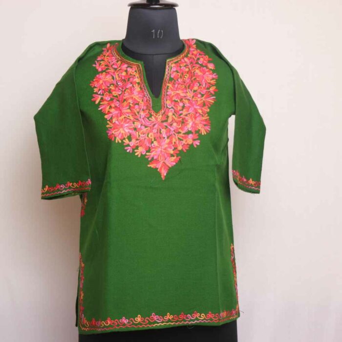 Green Vuzmal Kashmiri Girls Pheran/Short Kurta With Aari Embroidery (L27)