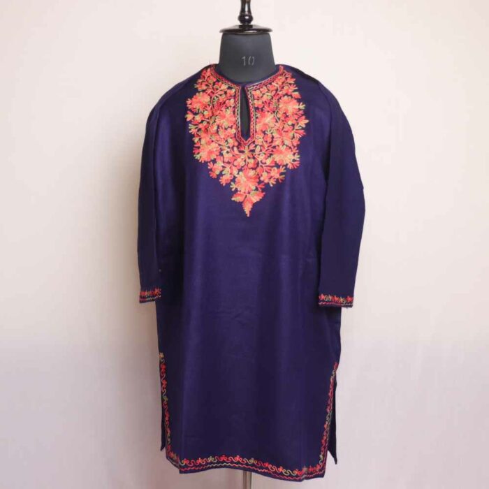 Blue Aftaabi Kashmiri Girls Pheran/Short Kurta With Aari Embroidery(L35.5)