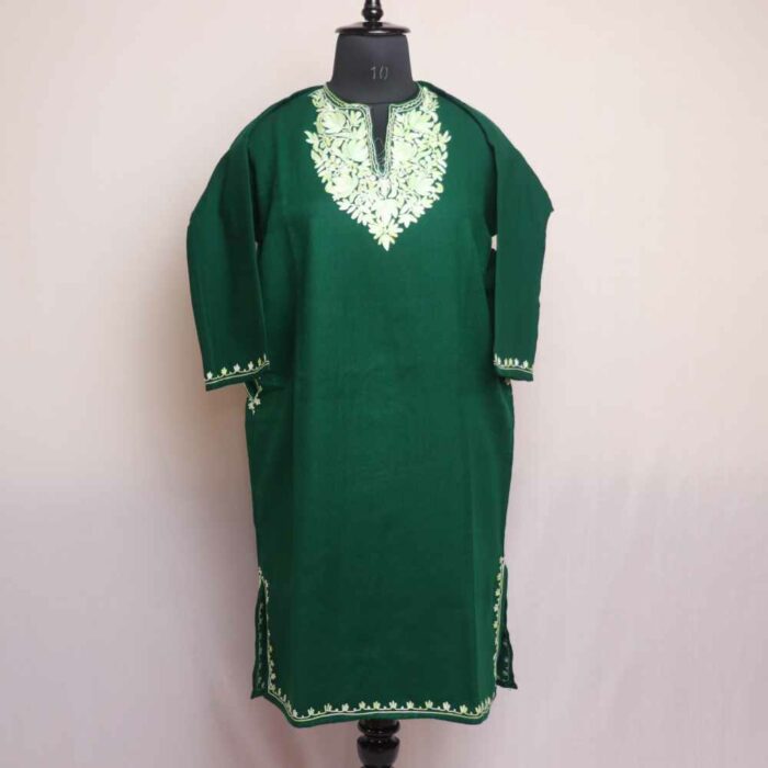 Green Sabz Kashmiri Girls Short Pheran With Aari Embroidery (L40)