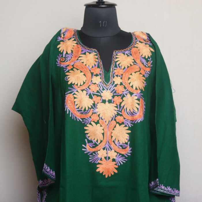 Dark Green Floral Kashmiri Pheran With Aari Work - Image 2