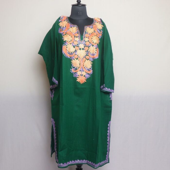 Dark Green Floral Kashmiri Pheran With Aari Work