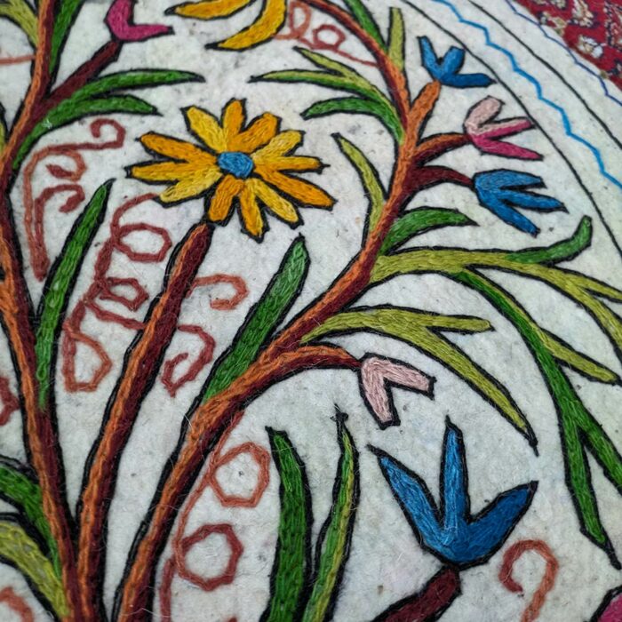 Floral 3ft Round Handmade Pure Wool Aari Embroidered Namda Rug - Image 2