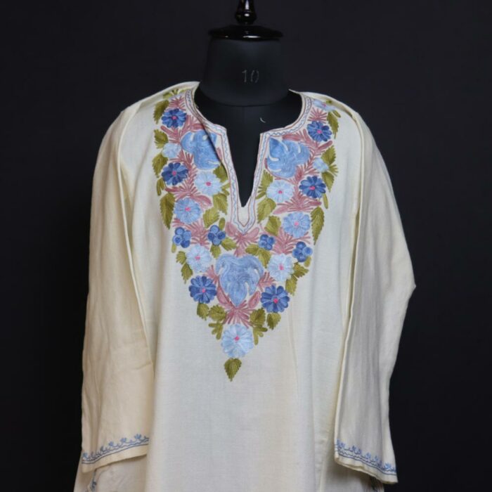 Ivory Elegance: Cream Kashmiri Pheran with Aari Embroidery - Image 2