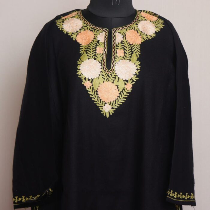 Black Floral Kashmiri Winter Aari Pheran - Image 2