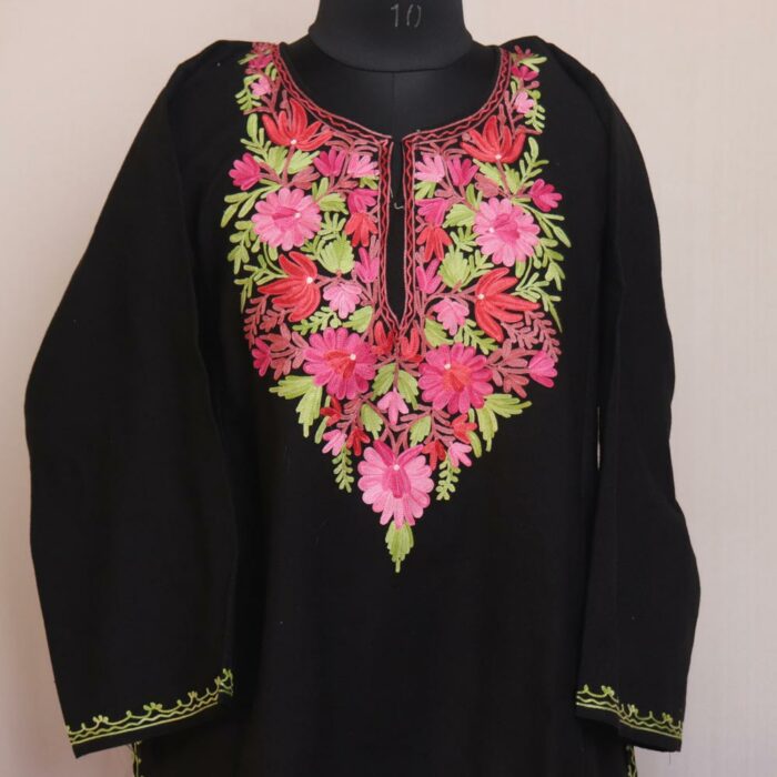 Black Floral Kashmiri Winter Aari Pheran - Image 2