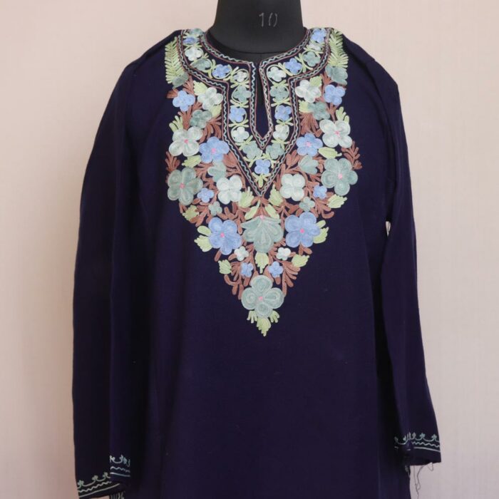 Navy Blue Rimsim Kashmiri Winter Aari Pheran - Image 2