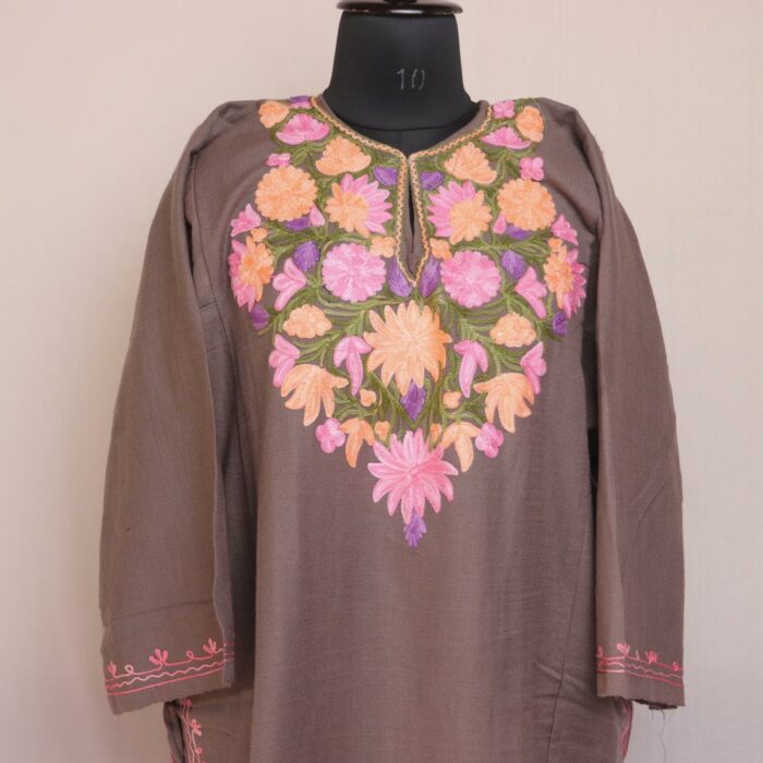 Beige Nubra Kashmiri Winter Aari Pheran - Image 2