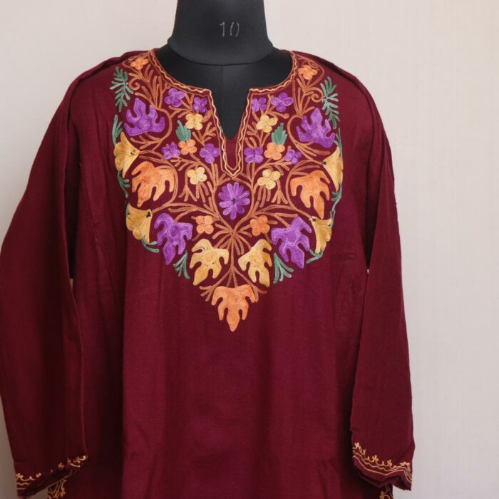 MAroon Chinari Kashmiri Winter Aari Pheran - Image 2