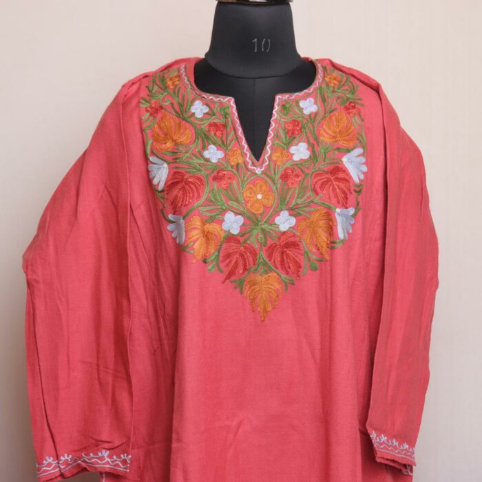 Pink Nundbon Kashmiri Winter Aari Pheran - Image 2