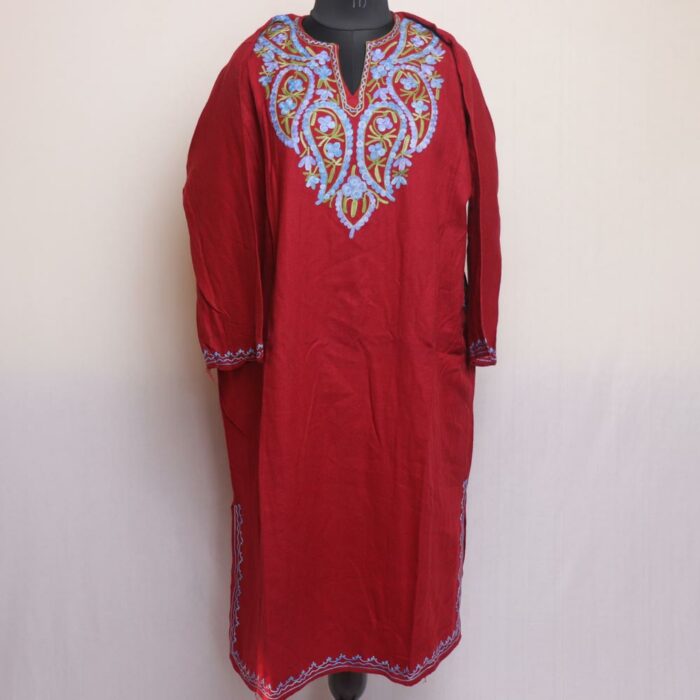 Reddish Maroon Blue Kashmiri Winter Aari Pheran
