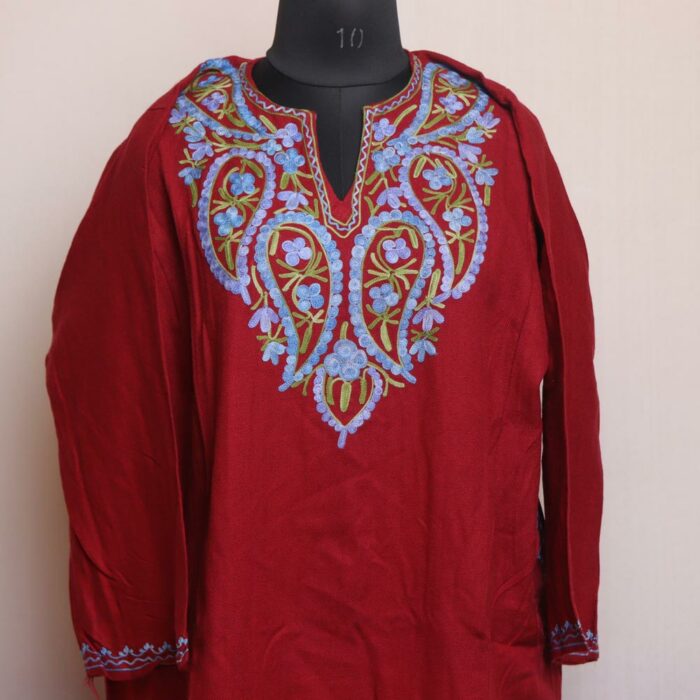 Reddish Maroon Blue Kashmiri Winter Aari Pheran - Image 2