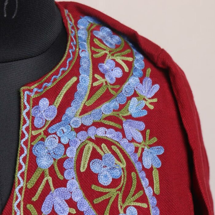 Reddish Maroon Blue Kashmiri Winter Aari Pheran - Image 3