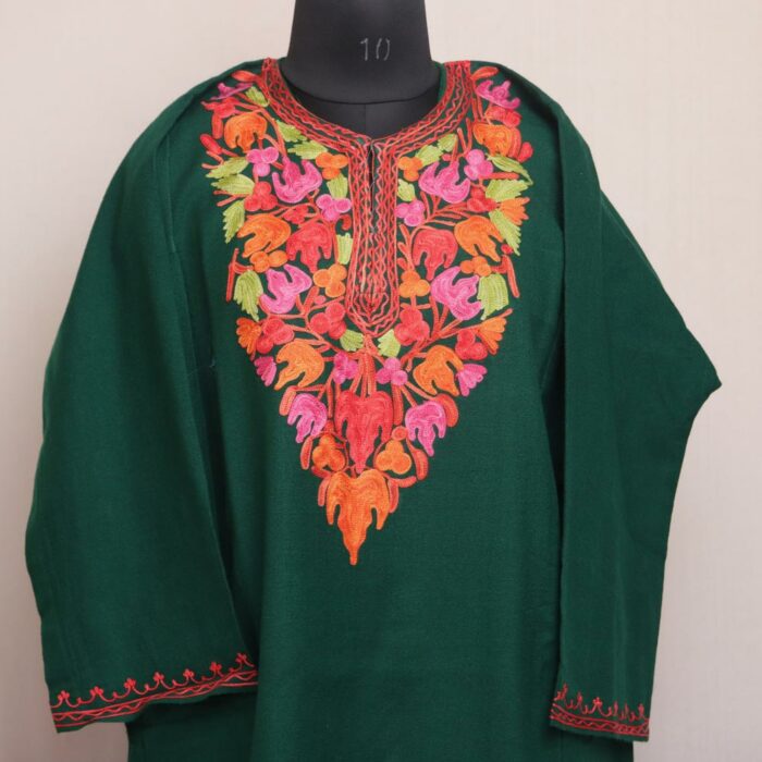 Sea Green Varmul Kashmiri Cashmilon Embroidered Pheran - Image 2