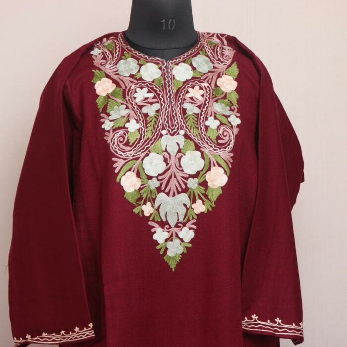 Maroon Burzhama Kashmiri Winter Aari Pheran - Image 2
