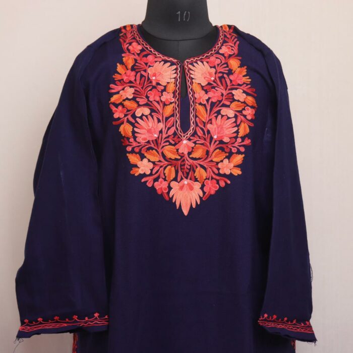 Dark Blue Lolab Kashmiri Winter Aari Pheran - Image 2