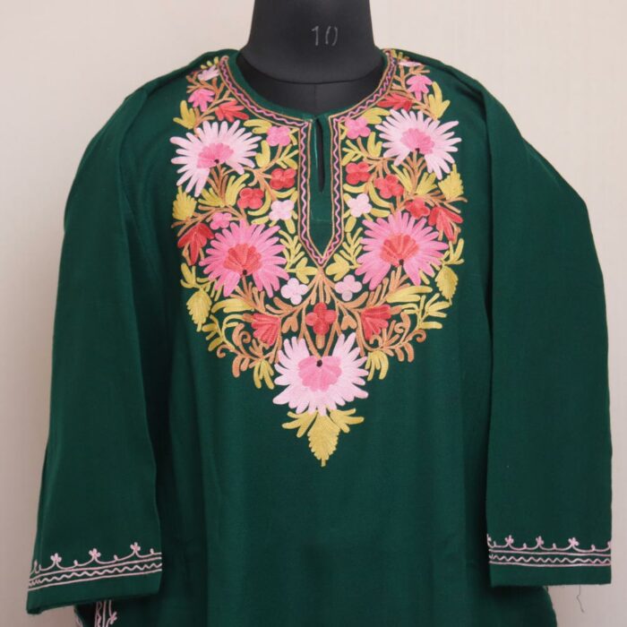 Dark Green Floral Kashmiri Winter Aari Pheran - Image 2