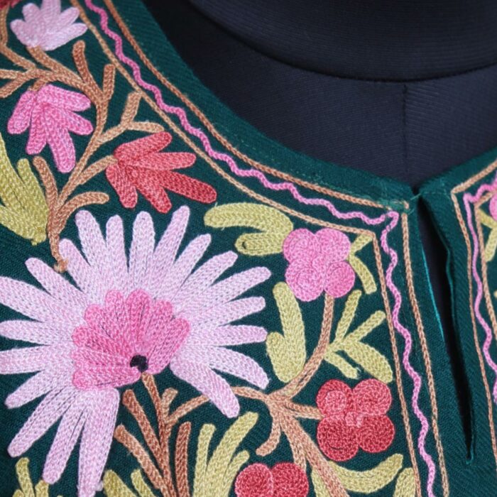 Dark Green Floral Kashmiri Winter Aari Pheran - Image 3