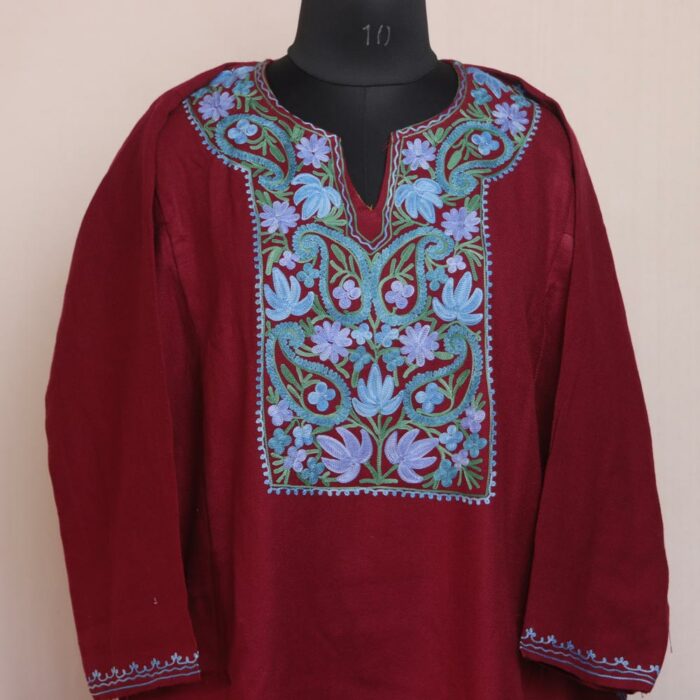 Maroon Vesiye Kashmiri Winter Cashmilon Embroidered Pheran - Image 2