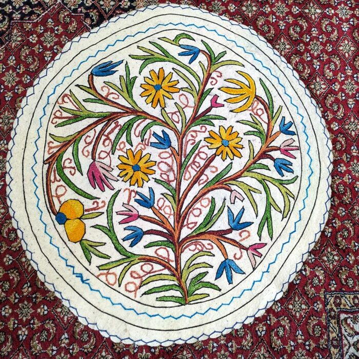 Floral 3ft Round Handmade Pure Wool Aari Embroidered Namda Rug